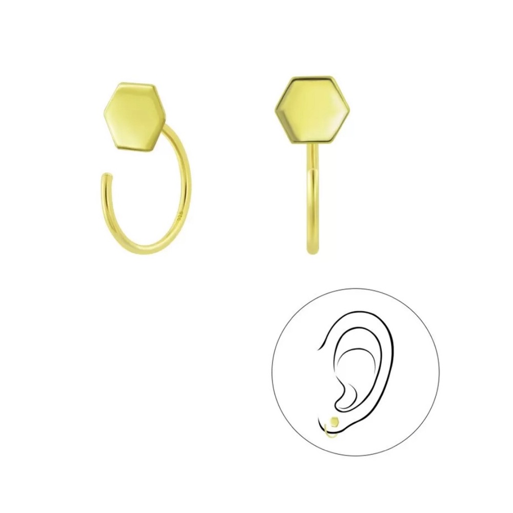 925 Sterling Silver Gold Hexagon Ear Huggers